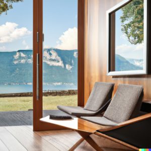 Intérieur luxueux d'un bureau fiduciaire donnant vue sur le lac Léman et les montagnes environnantes