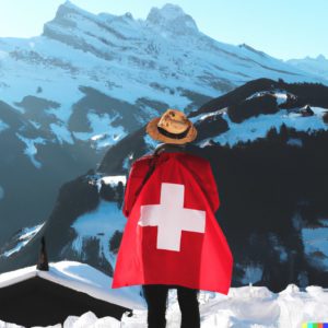 Une montagne enneigée avec une personne portant un chapeau et une tenue traditionnelle suisse, avec un drapeau suisse en arrière-plan.