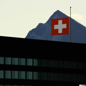 Silhouette de montagne alpine avec un bâtiment représentant un siège social en arrière-plan et un drapeau suisse